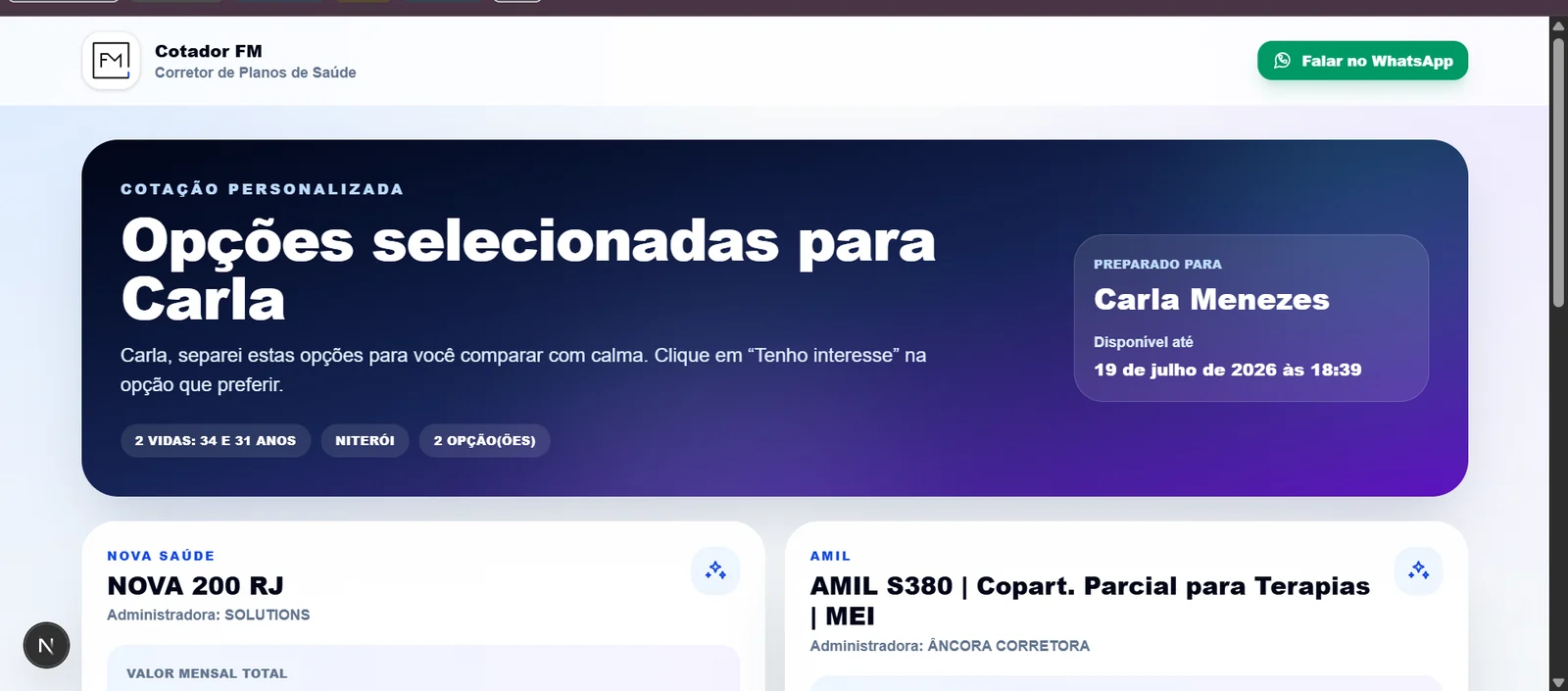 Página pública de cotação compartilhada com o cliente