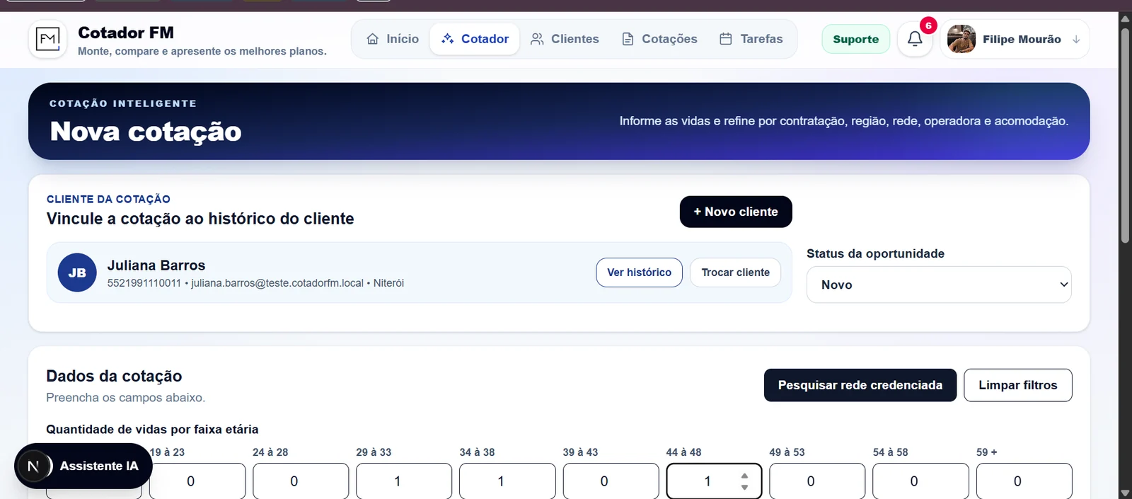 Tela atualizada do Cotador FM com cliente vinculado e filtros da cotação