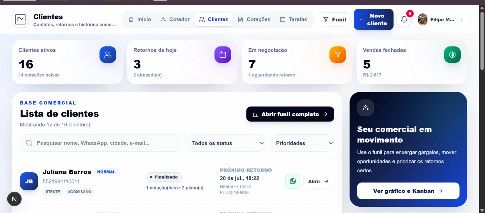 Lista atualizada de clientes do Cotador FM