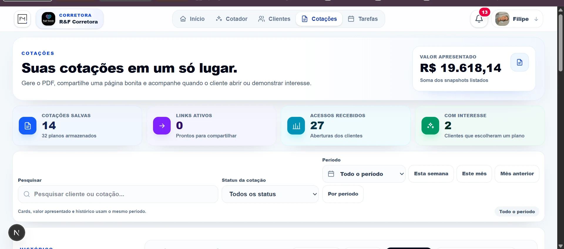 Área de cotações salvas no Cotador FM