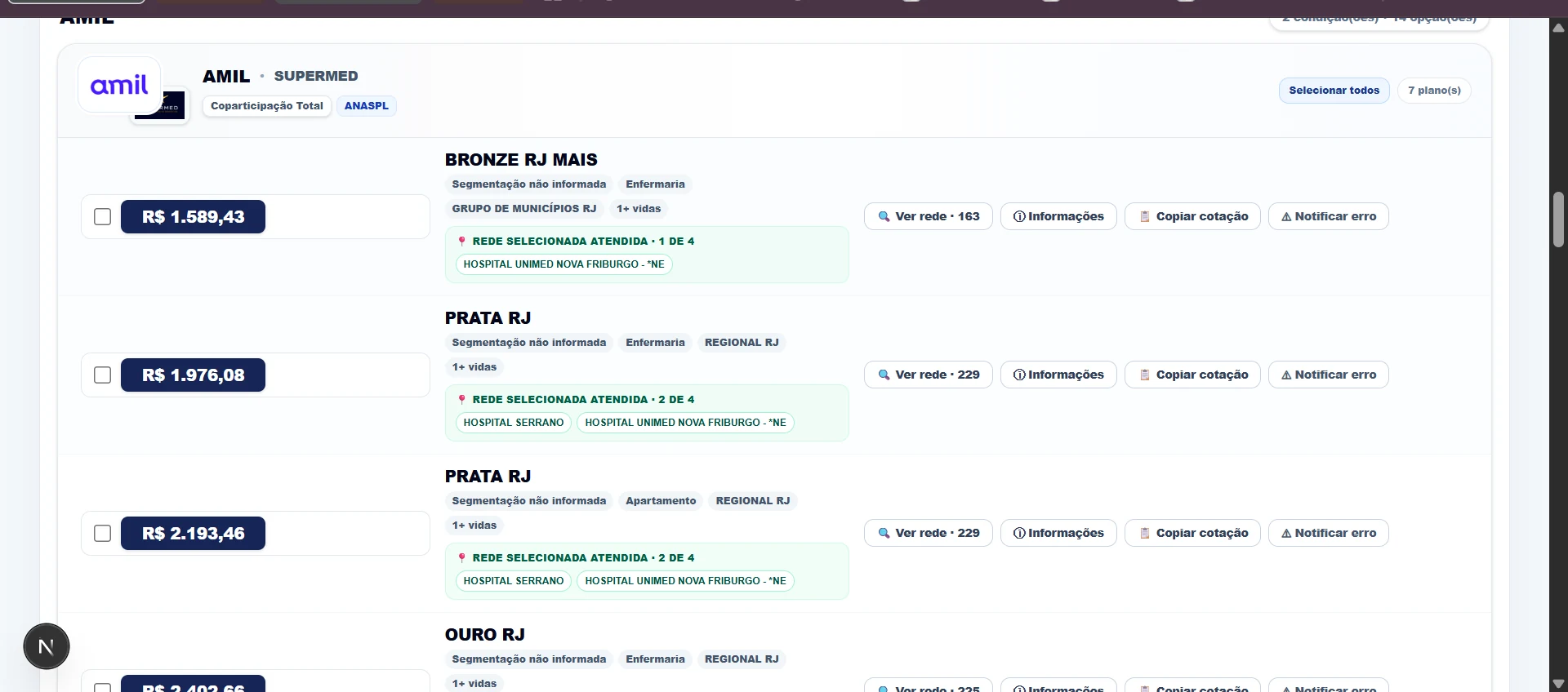 Resultados do Cotador FM com planos, preços, rede e ações de cotação