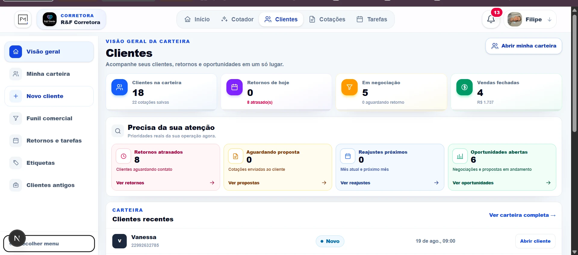 Área de clientes e CRM do Cotador FM